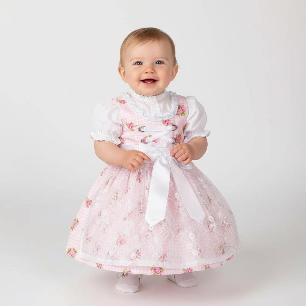 Festliches Baby Dirndl Aus Baumwolle Mit Einem Blumen Muster in Rosa-Weiß Einer Schürze Spitze von AnnaKaval