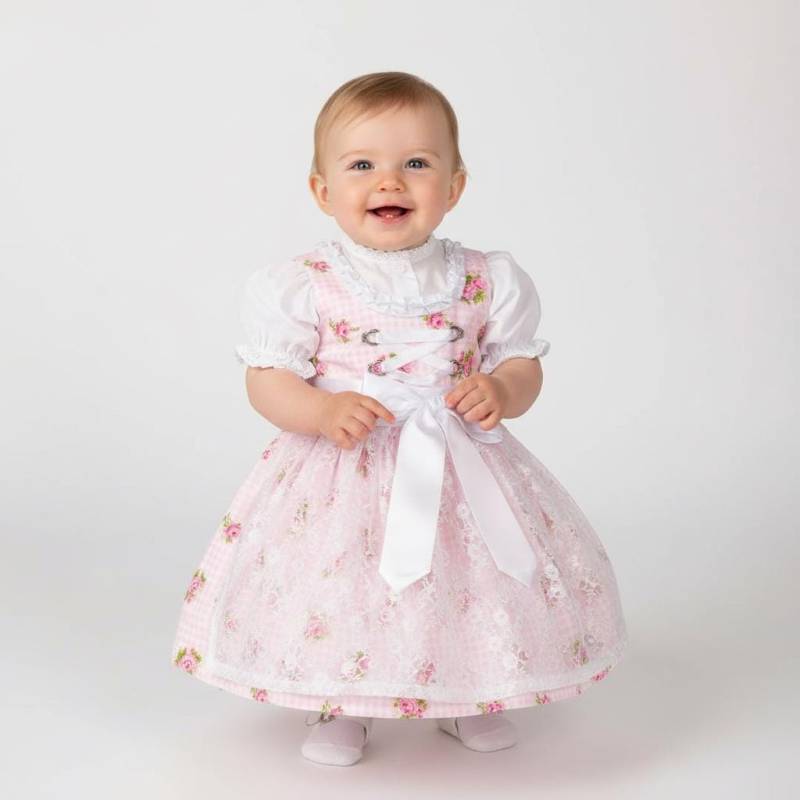 Festliches Baby Dirndl Aus Baumwolle Mit Einem Blumen Muster in Rosa-Weiß Einer Schürze Spitze von AnnaKaval