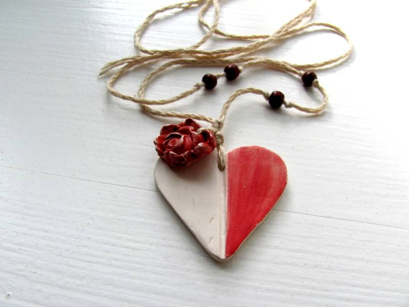 Valentinstag Keramik Halskette My Red White Heart - Schmuck von AnnaLela