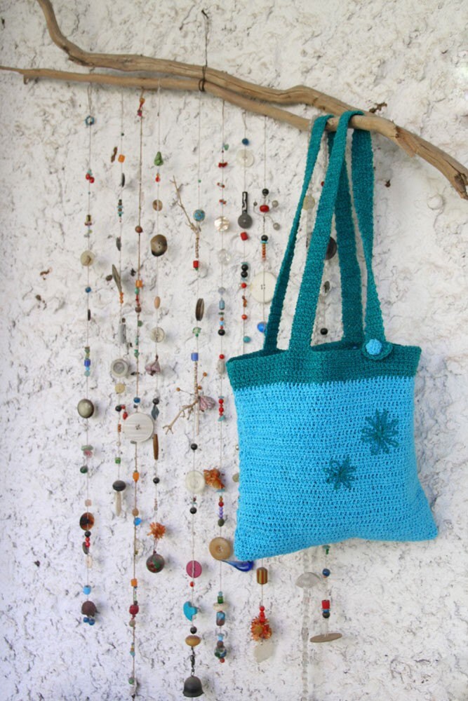 Weihnachtsgeschenk - Hellblau & Blau-Grün. Baumwolle. Tote-Handarbeit Blumen-Genau Das Richtige Größen-Zubehör-Geschenk Für Sie von AnnaLela