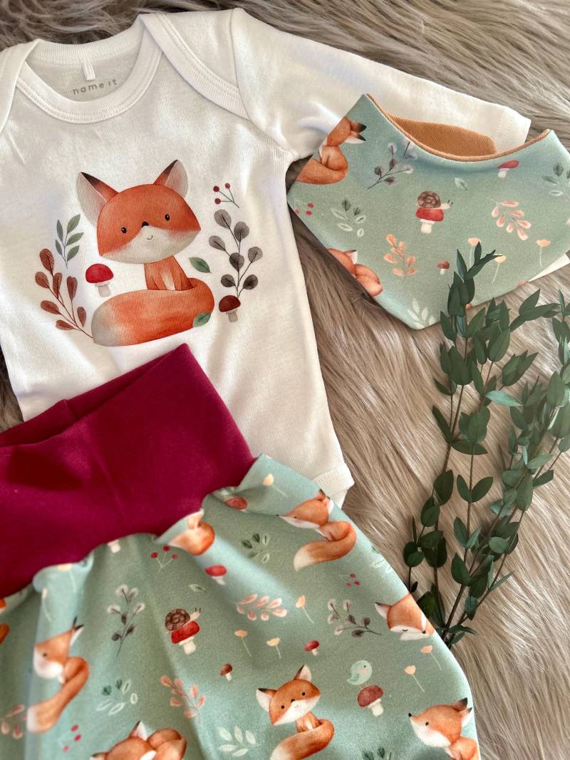 3-Teiliges Set - „Fuchs Rot" // Pumphose, Halstuch, Body Mit Bügelbild Mitwachshose Geschenkidee Baby, Kinder, Lockere Hose von AnnaLiebtNaehen
