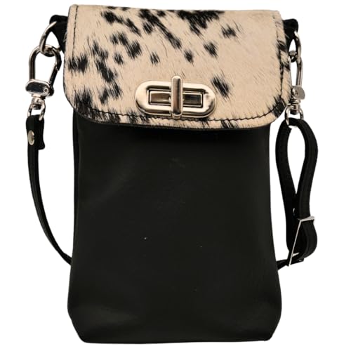 AnnaMatoni Handytasche zum Umhängen echt Leder Made in Germany, Handy Umhängetasche, Handytasche zum Umhängen, handtasche 100% Soft Nappa Leder mit echt Kuhfell umhängetasche Schwarz (Gefleckt) von AnnaMatoni