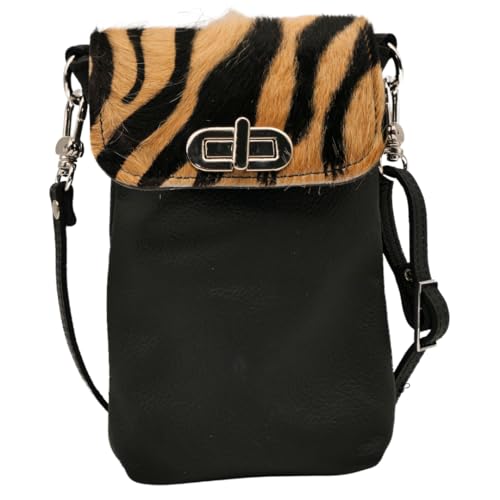 AnnaMatoni Handytasche zum Umhängen echt Leder Made in Germany, Handy Umhängetasche, Handytasche zum Umhängen, handtasche 100% Soft Nappa Leder mit echt Kuhfell umhängetasche Schwarz (Zebra Braun) von AnnaMatoni