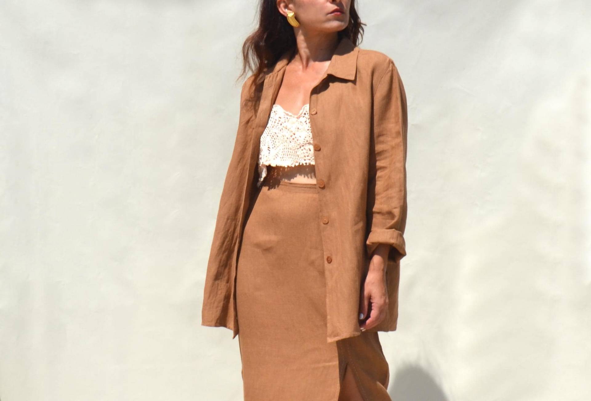 Braune Lange Gesäumte Leinenjacke.größe 42 von AnnaOhSailors