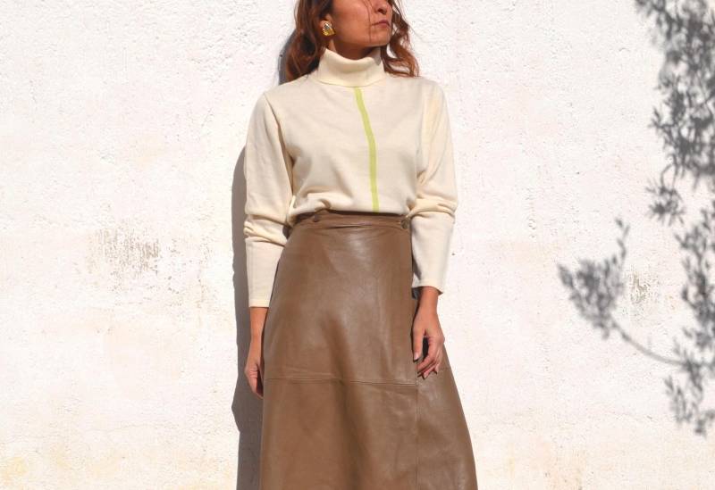 Creme/Grüner Merinowolle Mix Rollkragenpullover Gestrickt, Grösse 38 von AnnaOhSailors