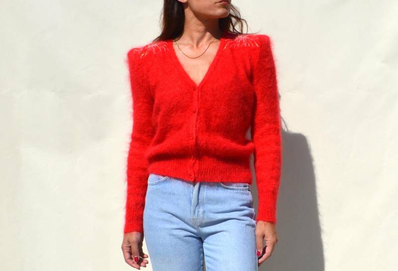 Roter Mohair Wolle Mix Bestickter Cardigan von AnnaOhSailors