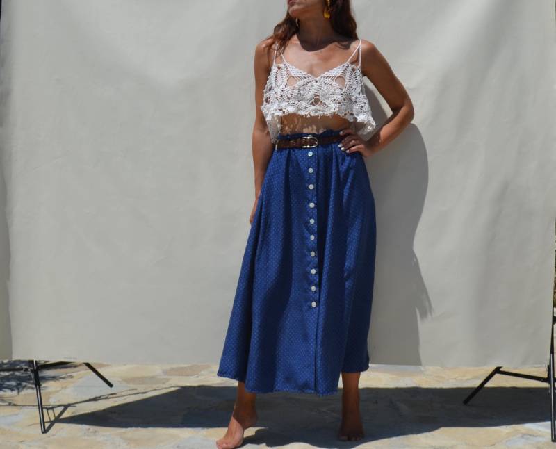 Vintage Blau/Grün Tupfen Rock 100% Seide Maxi-Mid Wadenrock von AnnaOhSailors