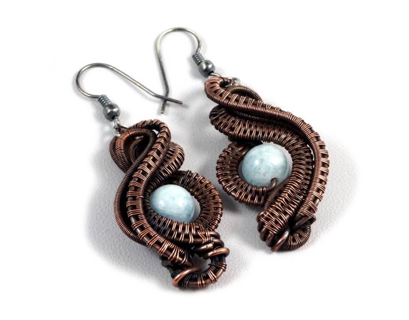 Evil Eye, Kupferdraht Ohrringe Mit Aquamarin Geschenk Für Sie Mutter Perfekt Geschenk, Nicole Hanna Entwarf Draht Gewickelt Handwerker Schmuck von AnnaPdesign