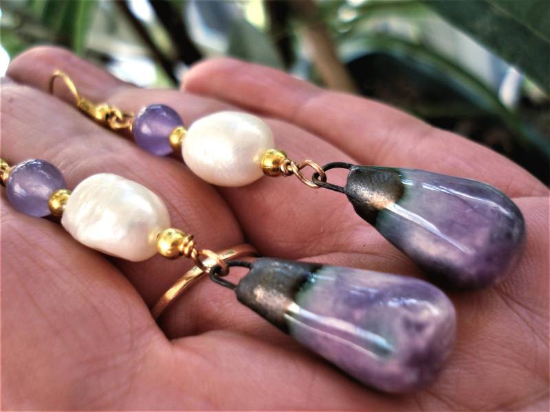 Amethyst Und Perlen Ohrringe Porzellan Lila Keramik Handgefertigte Einzigartige Moderne Boho Artisan von AnnaRecycle