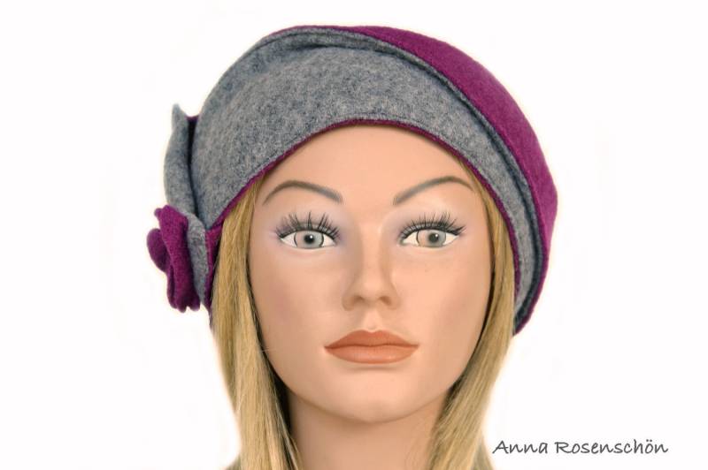 stirnband Grau Lila Wolle Umklappbar Mit Blume Bicolor von AnnaRosenschoen