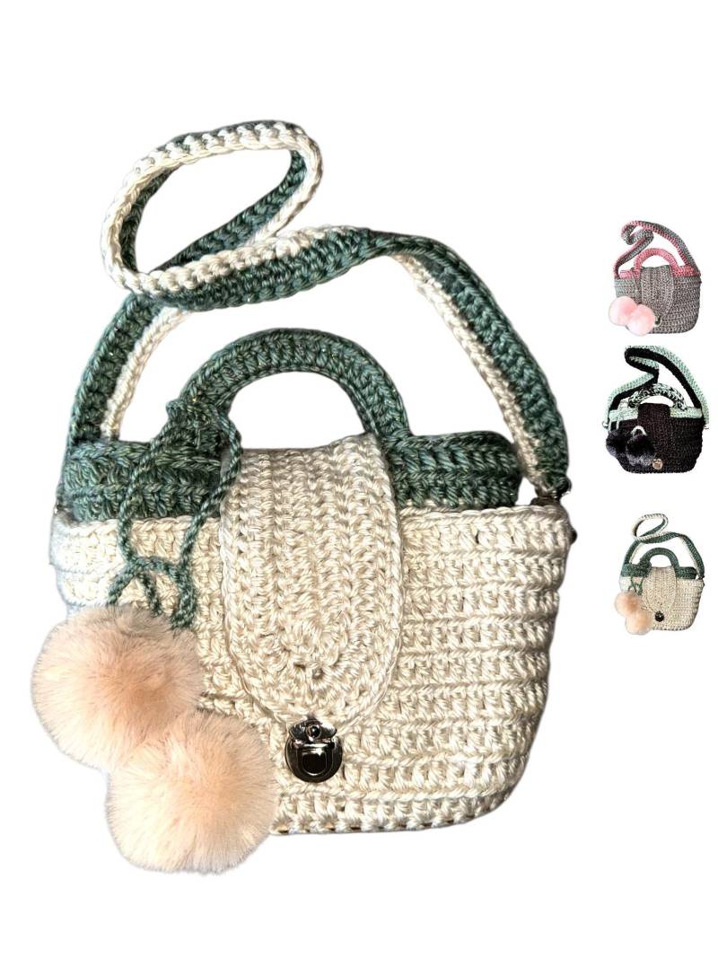 2Er Set Häkel-Korbtasche 3-In-1 - Handgemachte Tasche Aus 99% Acryl Mit Bommel -Modern & Praktisch Abnehmbarer Pompon Geschenkidee Damen von AnnaTasche