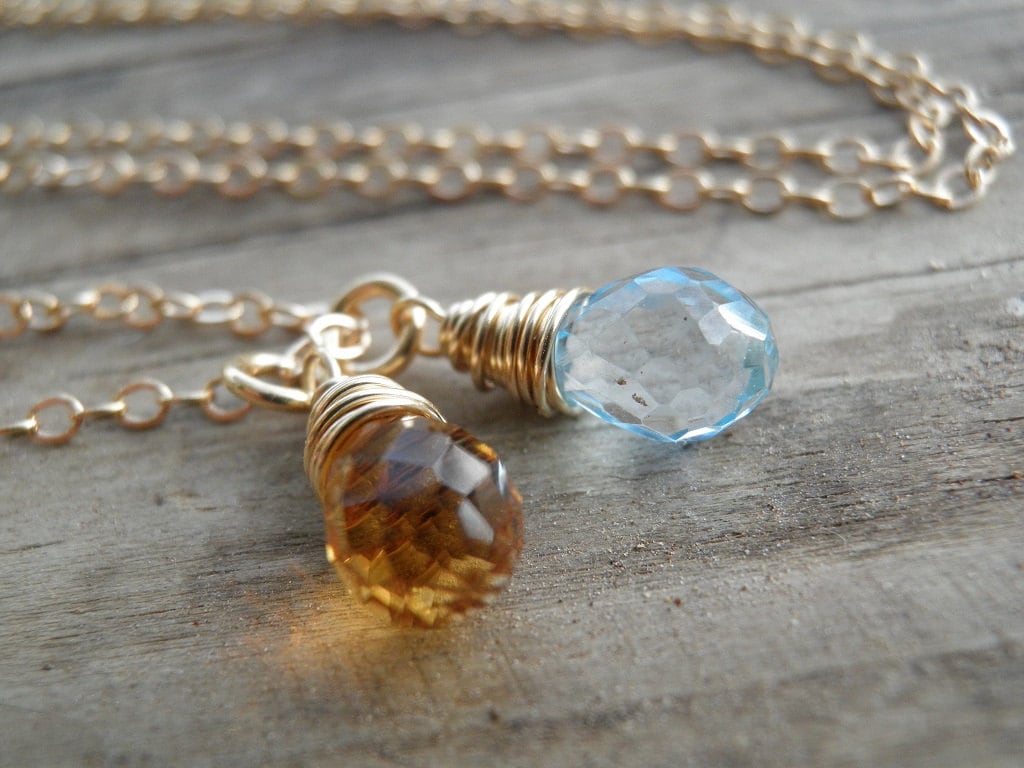 Dezember Geburtsstein, Blautopas Citrin Halskette, Roher Kristall Blau, Gelber Honig Schmuck, November in Gold von AnnalisJewelry