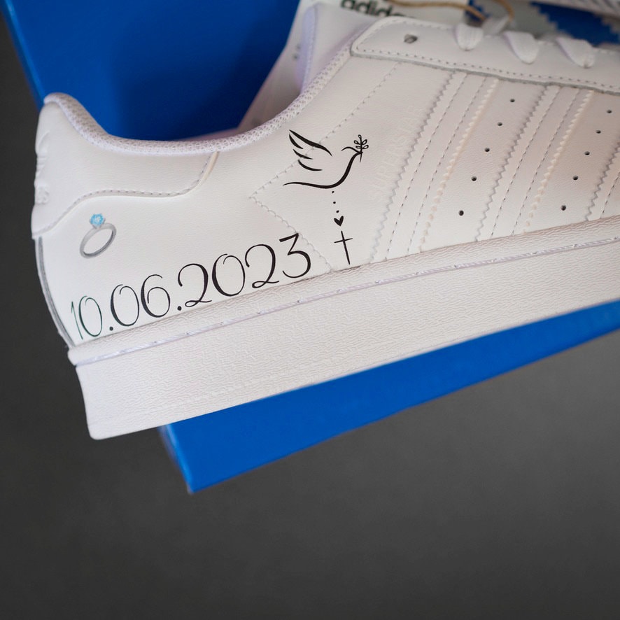 Adidas Superstar Wedding/Baptism - Custom Sneaker With Date Hand-Painted Shoes Personalized With Engraved Lace Locks von AnnamarieDIY