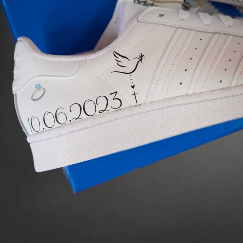 Adidas Superstar Wedding/Baptism - Custom Sneaker With Date Hand-Painted Shoes Personalized With Engraved Lace Locks von AnnamarieDIY
