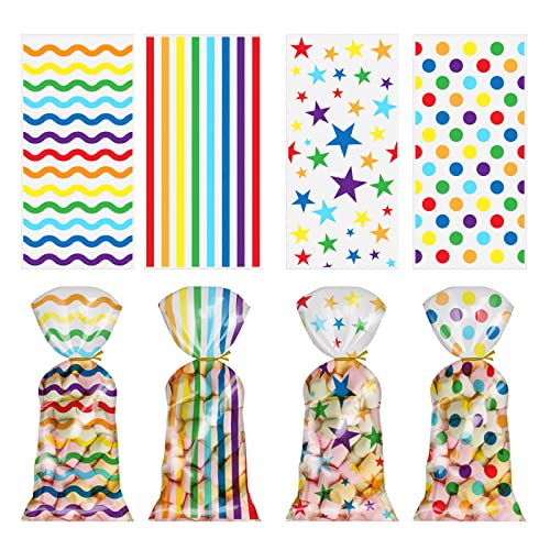 Annauiy 100Stk Durchsichtige Cellophantüten,Groß 27x13CM Süßigkeiten Tüten mit 100 Metallischen Bindebaender für Kindergeburtstag Geschenktüten Brot Kekse Schokolade Zellophantüten Plastik von Annauiy