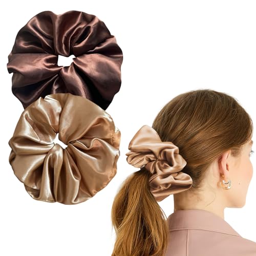 Annauiy 2 Stück Haargummis Scrunchies Satin für Damen,8CM Extra Großer Blumenstrauß für Damen, Frauen, Mädchen 2 Farben -Helle und dunkle Curryfarben(XL:8CM） von Annauiy