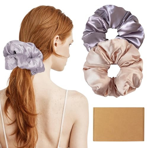 Annauiy 2 Stück Haargummis Scrunchies für Damen, Premium Satinierte Oberfläche, Polsterung aus 100% Baumwolle,Groß,6CM Breite Rand Scrunchie für Damen Frauen Mädchen Haarschmuck (Lila und khaki) von Annauiy