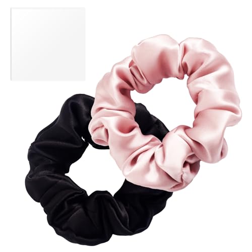 Annauiy Seiden Scrunchies,100% Maulbeerseide,16 Momme,2 Stück,Haargummi für Damen und Mädchen,3,5CM Breit,Schwarz, Rosa von Annauiy