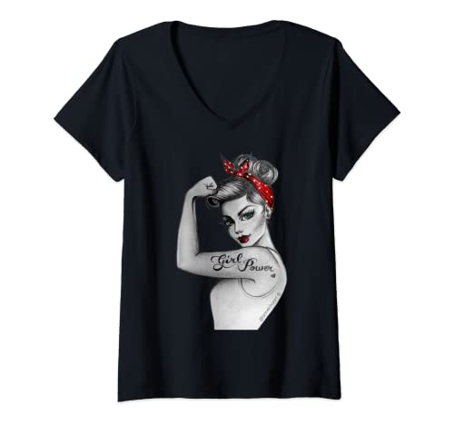 Damen Pin Up feministisches Retro Girl Power modern Rosie the Riveter T-Shirt mit V-Ausschnitt von Anne Cha Art