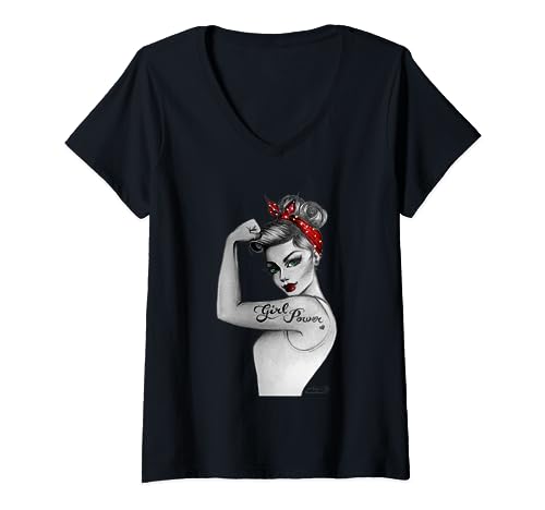 Girl Power Modern Rosie Pin Up Retro Art von Anne Cha Damen T-Shirt mit V-Ausschnitt von Anne Cha Art