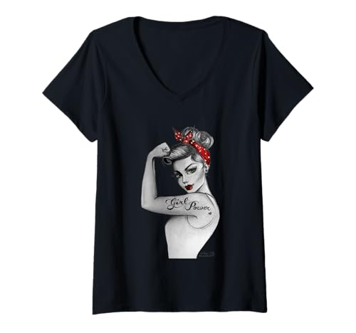 Damen Girl Power Feministische Kunst im Retro Rosie Riveter Stil T-Shirt mit V-Ausschnitt von Anne Cha Art