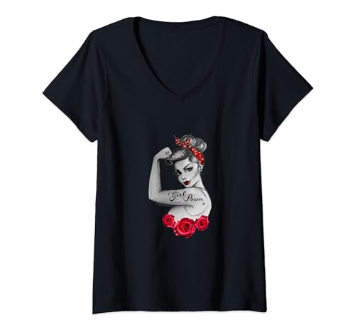 Girl Power Pin Up Retro Vintage Rote Rosen Modern Rosie T-Shirt mit V-Ausschnitt von Anne Cha Art