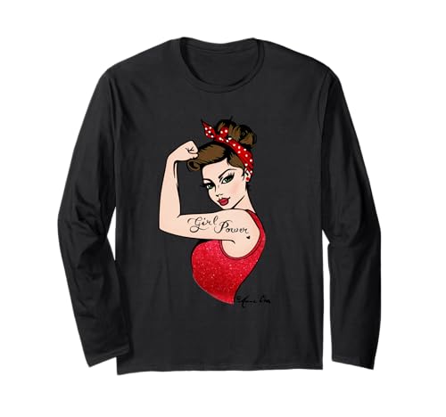 Girl Power Feministische Kunst im Retro Rosie Riveter Stil Langarmshirt von Anne Cha Art
