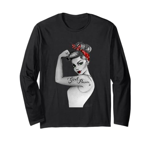 Girl Power Feministische Kunst im Retro Rosie Riveter Stil Langarmshirt von Anne Cha Art