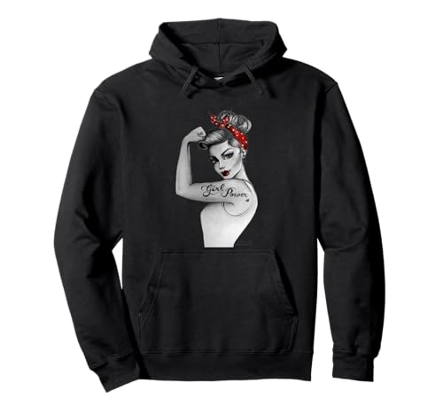 Girl Power Feministische Kunst im Retro Rosie Riveter Stil Pullover Hoodie von Anne Cha Art