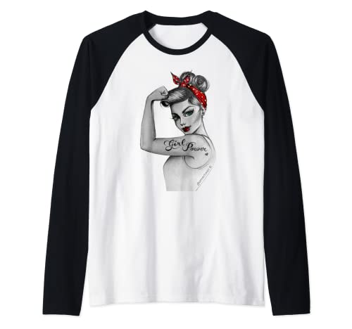 Pin Up feministisches Retro Girl Power modern Rosie the Riveter Raglan von Anne Cha Art