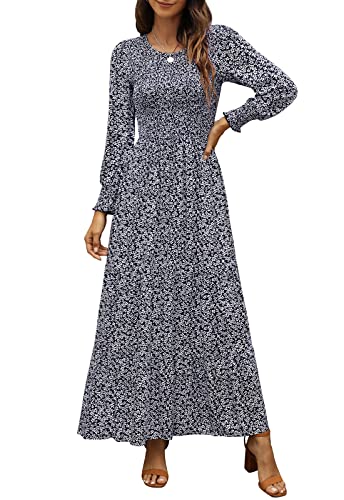 Annebouti Damen Herbst Casual Langarm Maxikleid Boho Floral gesmokt A-Linie bescheiden Hochzeit Gäste Lange Kleider, Marineblau, Groß Annebouti Damen Herbst Casual Langarm Maxikleid Boho Floral gesmokt A-Linie bescheiden Hochzeit Gäste Lange Kleider, Marineblau, Groß von Annebouti