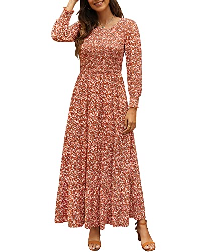 Annebouti Damen Herbst Casual Langarm Maxikleid Boho Floral gesmokt A-Linie bescheiden Hochzeit Gäste Lange Kleider, Rost, Klein von Annebouti