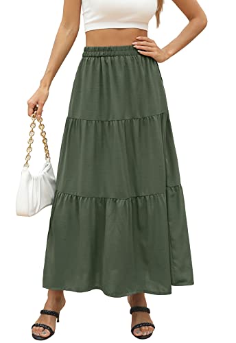 Annebouti Damen Sommer Boho Elastisch Hohe Taille Plissee A Linie Stufed Maxirock, olivgrün, Mittel von Annebouti