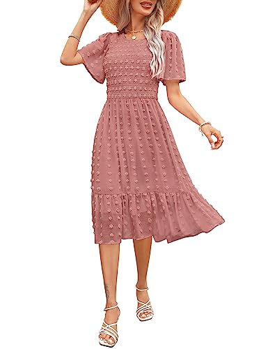 Annebouti Frauen 2023 Sommer Herbst Hochzeit Gast Kleider Kurzarm Flowy Swing Swiss Dot Gesmokt Heimkehr Midi Kleid, Massive Dusty Rose, Klein von Annebouti