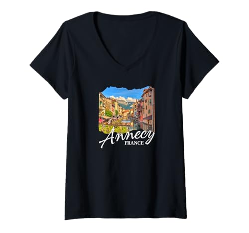 Damen Frankreich Annecy T-Shirt mit V-Ausschnitt von Annecy France Souvenirs