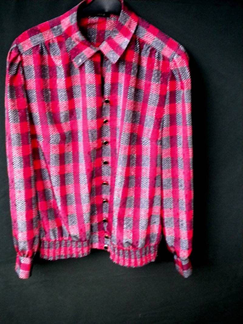 Sale 30 % Kombination, Bluse/Blouson + Enger Rock, Rot Grau Karo Fischgräten - Muster, Damen, Frauen Gr.42, Maßangabe, Vintage von Annehats