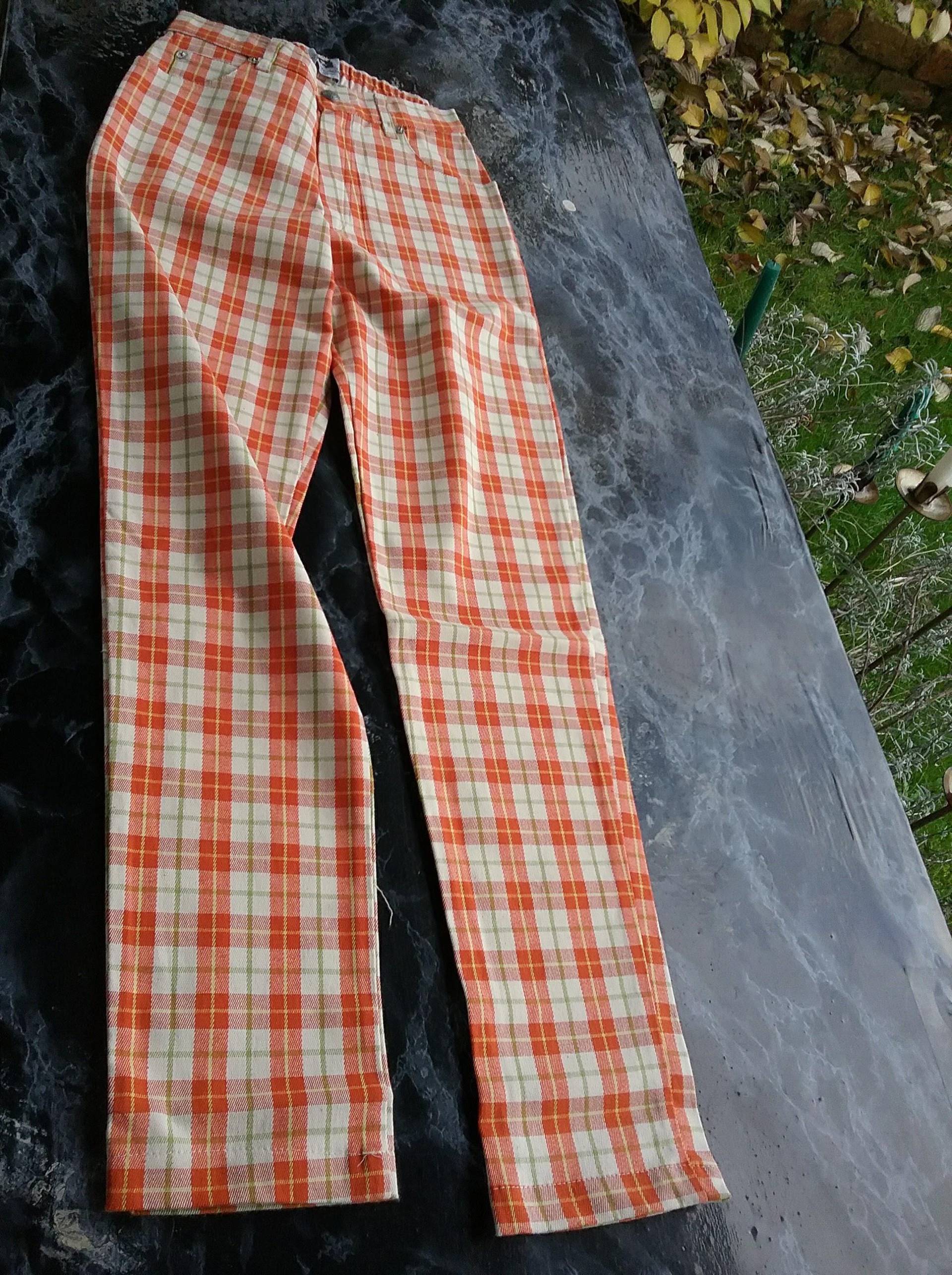 Sale 30% Karierte Hose, Gerade Form, Orange/Grün/Weiß/Kariert, Baumwolle/ Elasthan, Young Fashion, Girls, Mot De Passe, Vintage von Annehats