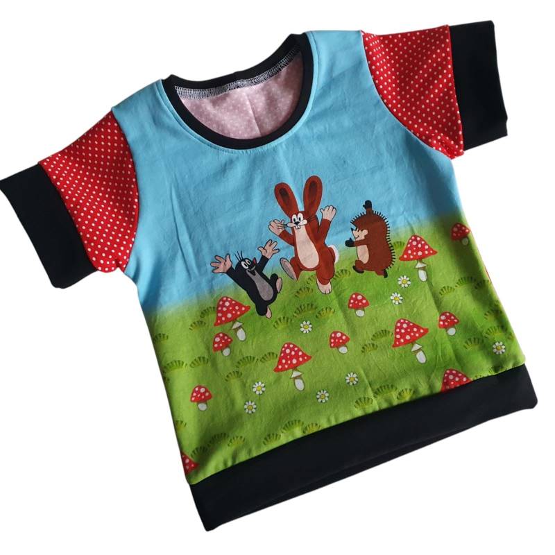 T-Shirt Kinder Pauli Der Kleine Maulwurf Kindershirt Rot Mit Weißen Punkten Grün Fliegenpilze Unisex Halli Galli Slks001 von Annemachtsbunt