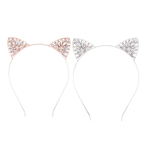 Anneome 2 Stück Glitzernde Katzenohren Haarreif Weiß und Roségold Leichtes Verstellbares Stirnband mit Niedlichen Tierohren Mädchen Accessoire für Alltag Party Cosplay und Kostüm von Anneome