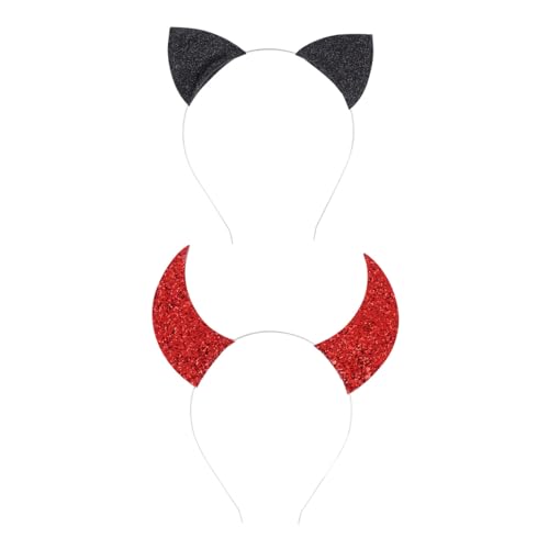 Anneome 2 Stück Teiliges und Erwachsenen Haarreif mit Rotschimmerndem Teufelshorn und Schwarzem Katzenohr Bequemes Langlebiges Kostümzubehör für Karneval Party Cosplay und Alltag von Anneome