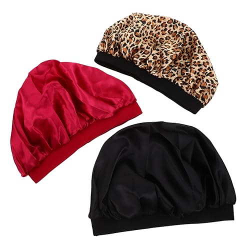 Anneome 3 Stück Teiliges Haarbonnet mit Elastischem Hautfreundlich und Bequem als Schlafhaube für Frauen Geeignet für Lange Haare und Hausarbeit Leopard Schwarz und Weinrot von Anneome