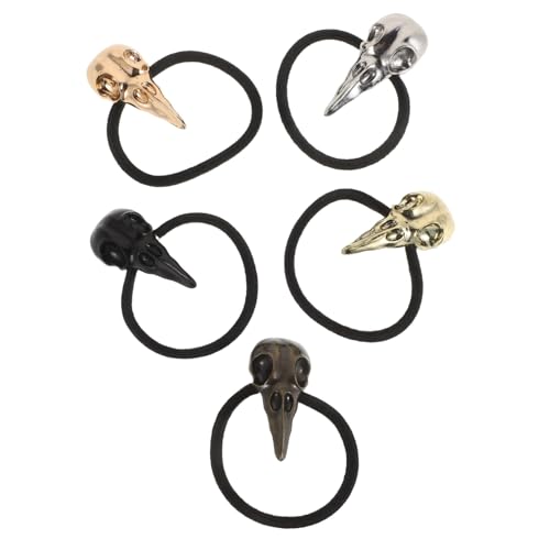 Anneome 5 Stück Elastische Haargummis mit Metall Krähenkopf Totenkopf Design Punkige Haarbänder in Schwarz Altgold Antiksilber Bronze und Gold Dehnbar für Damen und Herren für Halloween von Anneome