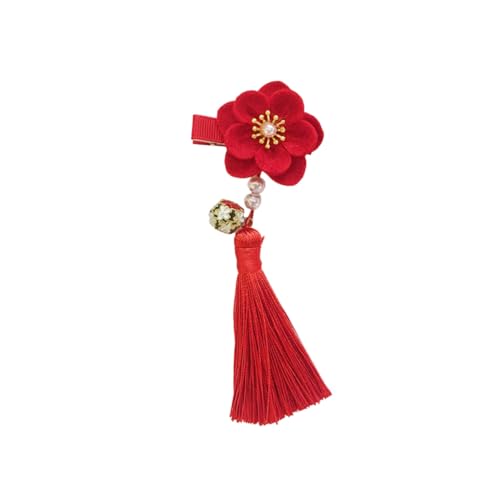 Anneome Chinesischer Haarschmuck Rote Blumen Haarspangen mit Glocken und Quasten für Han Kleidung Mädchen Neujahrsfest Accessoire von Anneome