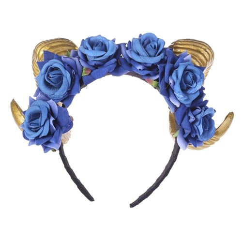 Anneome Halloween Haarreif mit Blauen Rosen und Schwarzen Hörnern Langlebiges Sicheres Material Modischer Gothic Kopfschmuck für Damen Accessoire für Halloween und Cosplay Partys von Anneome