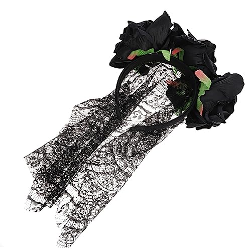 Anneome Halloween Haarschmuck Spitzen Haarreif mit Großer Rosenblüte Leichtes Stoffdesign Eleganter Kopfschmuck für Kostümparty und Rollenspiel Schwarzes Blumen Stirnband von Anneome