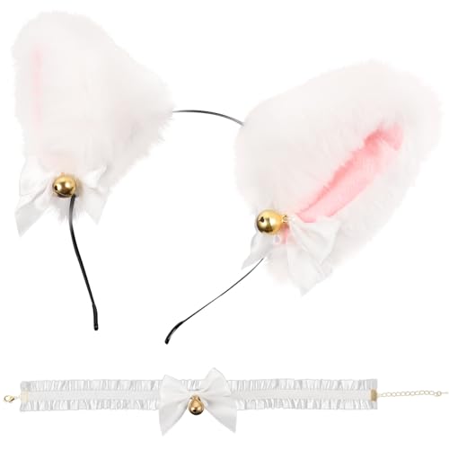 Anneome Lace Bell Halsglocken Katzenohren Haarreif mit Schleifen Weißer Spitzen katzenohren Stirnband für Cosplay Party Karneval und Mädchen Haarschmuck von Anneome