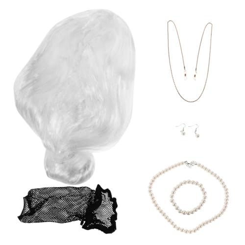 Anneome Weiße Old Lady Perücke Damen Großmutter Kostüm Set Mit Brillenkette Schmuck Für Halloween Karneval Cosplay von Anneome