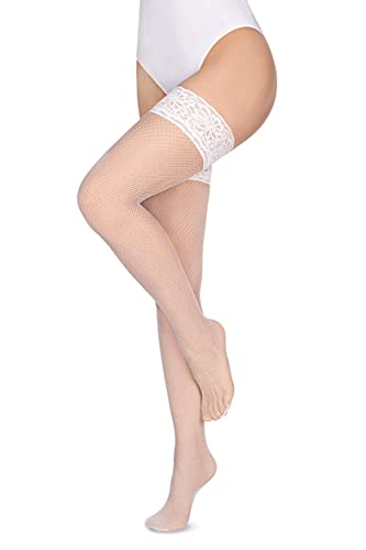 Annes styling Calze Rete Halterlose Netzstrümpfe aus Silikon mit Spitzenoberteil, hohe Diamanten, Nylon-Netzsocken, Gr. TG-1/2 Bianco von Annes styling