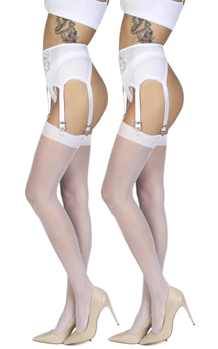 Annes styling Schlichte dünne Damen Strapsstrümpfe für Strapsstrumpfhosen für Strumpfhalter 20 DEN Schlichte, Bianco M/L, Doppelpack von Annes styling