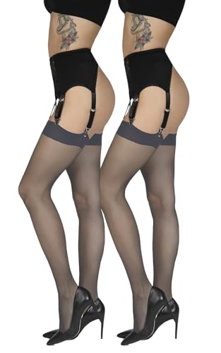 Annes styling Schlichte dünne Damen Strapsstrümpfe für Strapsstrumpfhosen für Strumpfhalter 20 DEN Schlichte, Grafit XL/XXL, Doppelpack von Annes styling
